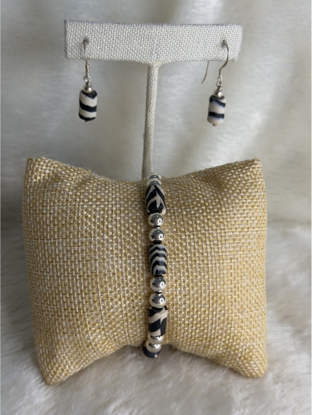 Vintage Silpada Zebra Animal Print Bead Bracelet & Earring Set W0730 & B0728